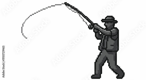 Pixel art illustration of a fisherman casting a line with a fishing rod, depicting a retro 8-bit video game style outdoor hobby and leisure activity.