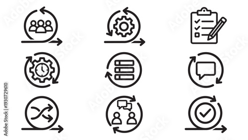 Agile Methodology and Scrum Workflow Outline Icons - Project Management and Team Productivity