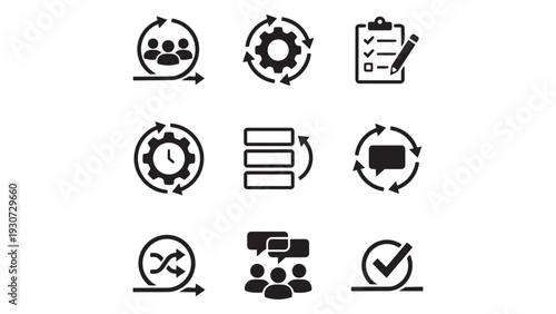 Agile Project Management and Scrum Process Icons - Sprint, Backlog, and Team Collaboration