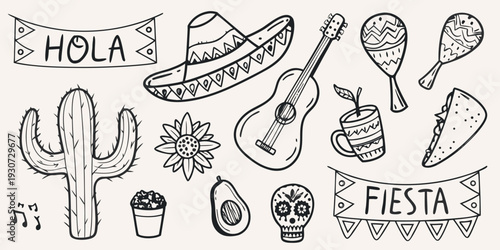 A collection of hand drawn mexican themed illustrations and lettering
