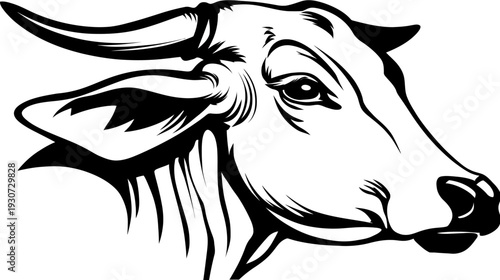 Stylized, black and white image of a cow's head, profile view. It shows the face with details