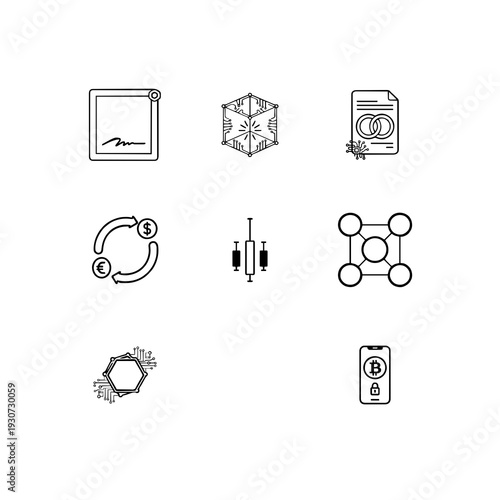 FinTech and cryptocurrency linear icon set, blockchain technology, digital asset exchange and secure crypto wallet vector symbols