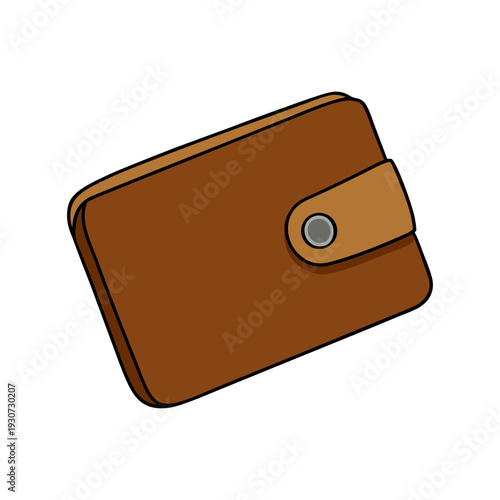 A compact, rectangular brown leather wallet with a snap closure is displayed slightly angled on a pristine white background.