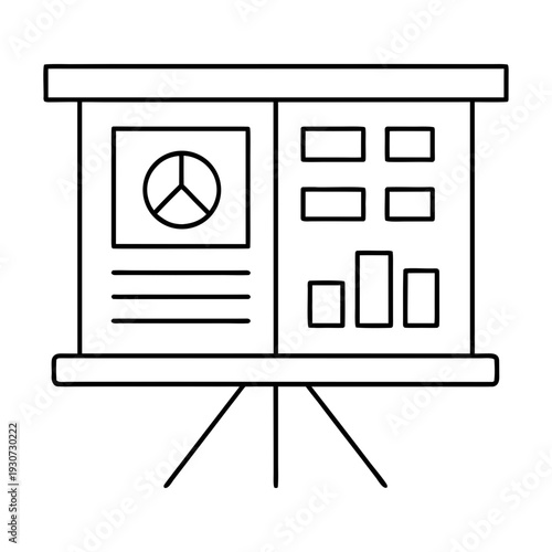 A professional tripod-mounted presentation board displays a business pie chart and bar graphs alongside textual information, set on a white background.