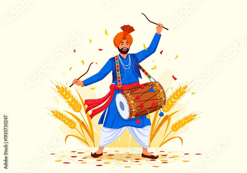 Man in Traditional Punjabi Attire Playing Dhol Drum.