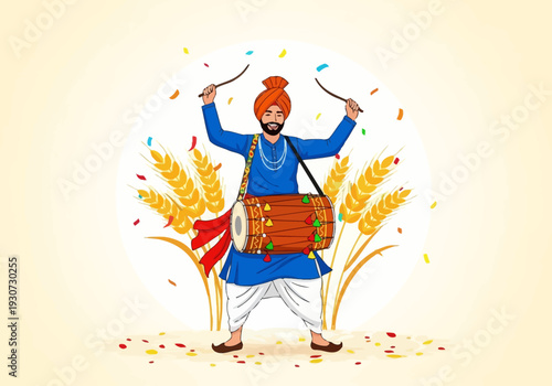 Sikh man playing dhol drum with sticks in traditional attire.