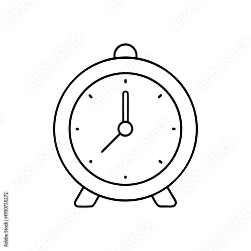 A classic-style outline alarm clock icon with two bells on top displays its hands indicating approximately a quarter past seven.