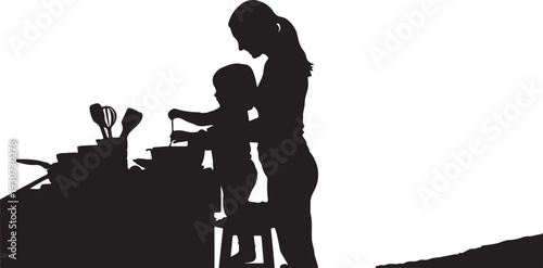 Mother cooking with child silhouettes, family kitchen activity, woman preparing food, domestic chores, parenting, caregiving, teamwork