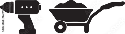 Construction tools a black silhouette of a drill and a filled wheelbarrow