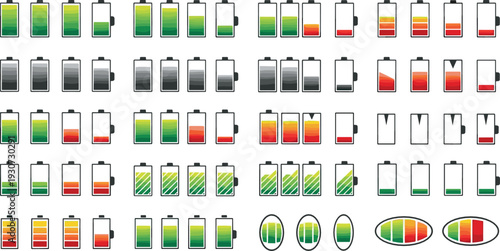 Battery charge level icons collection flat vector illustration with full medium low and empty power indicators isolated on background