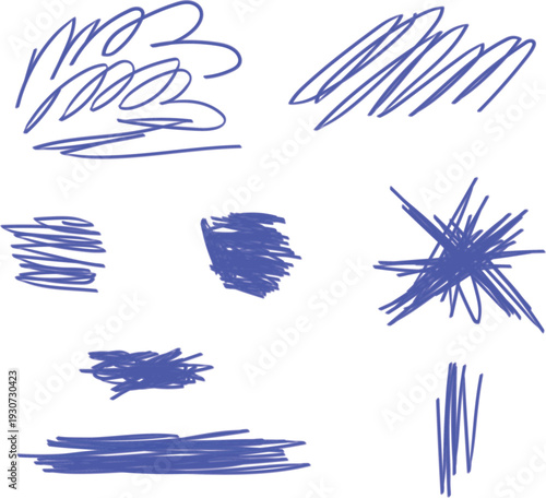 Tableau sur toile Collection of hand-drawn scribbles, lines, and shapes made with a blue marker or pencil
