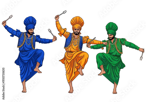 Three men in traditional Punjabi attire performing Bhangra dance.