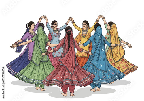 Group of women in traditional Indian attire dancing in a circle.