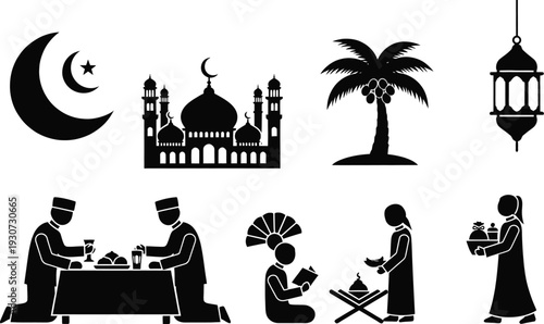 Collection of black silhouettes depicting ramadan scenes