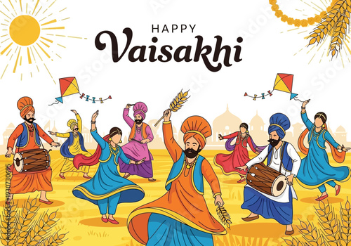 Happy Vaisakhi celebration with people dancing and playing music.