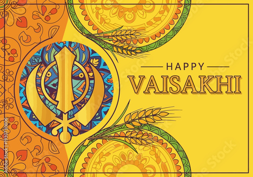 Happy Vaisakhi greeting with Khanda symbol and wheat ears.