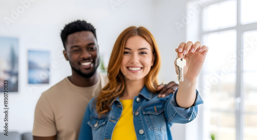 Joyful couple celebrating new home ownership, holding keys with beaming smiles, showcasing a bright interior and a sense of accomplishment, ideal for real estate marketing and lifestyle concepts.