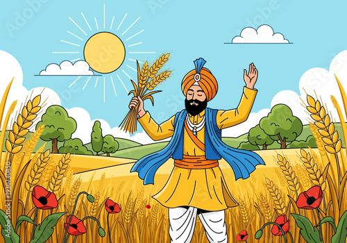 Sikh man in traditional attire holding wheat stalks in a field.