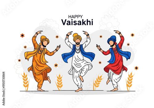 Three men in traditional Punjabi attire celebrating Vaisakhi with energetic dance moves.