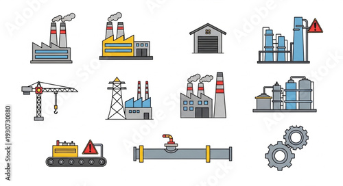 Industrial Equipment and Machinery Icons Set.