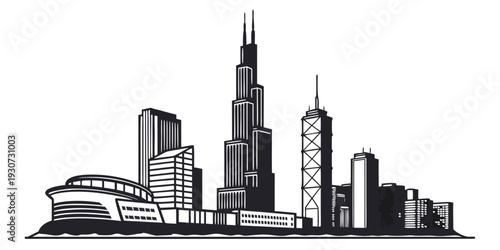 Modern city skyline with iconic skyscrapers and stadium