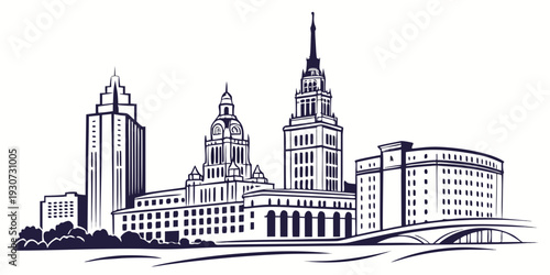 Skyline of a city with prominent buildings and architectural details