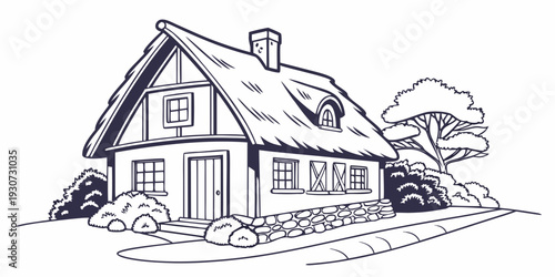 A charming house with a steep roof and a cozy front yard.