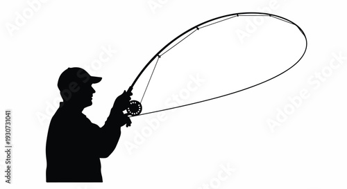 Silhouette of a fly fisherman casting a line with a rod and reel, isolated on white background, action shot