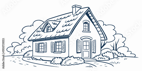 A charming, cozy house with a sloped roof and two windows on a cloudy day