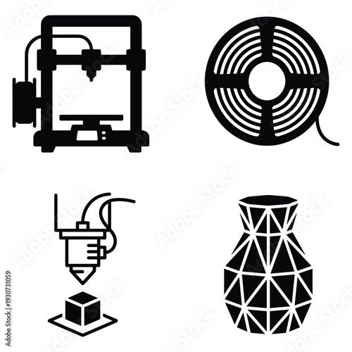 Three d printing technology icon set vector solid fill silhouette illustration design