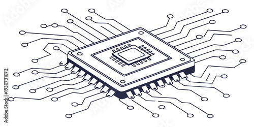 A detailed illustration of a computer processor with labeled pins and connections.