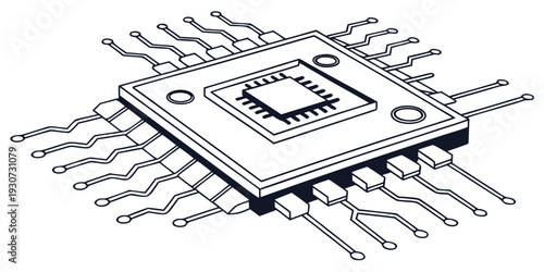 A detailed illustration of a microprocessor with labeled pins and connections