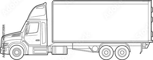 Box truck side view vector illustration, commercial cargo delivery vehicle line art outline, logistics transport lorry for shipping service design