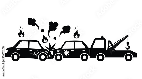 Car accident and tow truck services icon set vector solid fill silhouette illustration