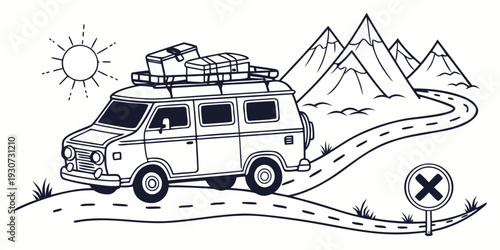 A vintage camper van travels through a scenic mountain landscape.