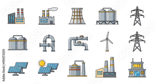 Industrial Equipment Icons Set Illustration.