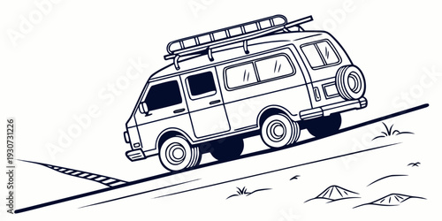 A vintage van with surfboards on top driving along a coastal road.