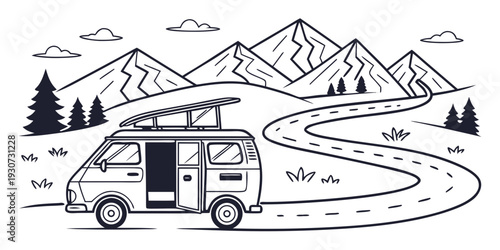 A vintage camper van parked on a scenic mountain road surrounded by nature
