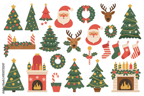 A festive collection of christmas elements including trees, santa, and decorations.