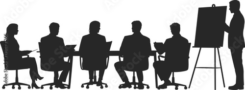 Business presentation silhouette vector illustration, corporate team meeting with speaker at flip chart in office conference setting
