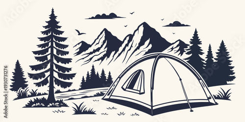 A serene campsite nestled in a mountainous forest with a tent and pine trees