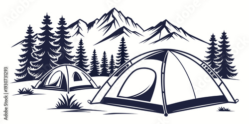 A serene campsite nestled in the heart of a mountainous forest with tents and nature.