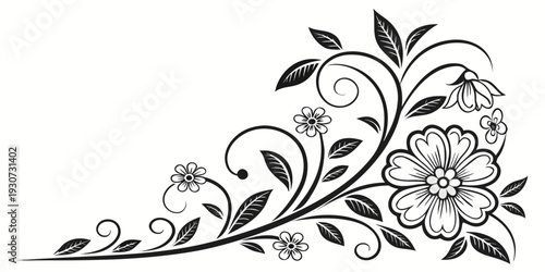 Intricate black and white floral design with elegant swirls and leaves