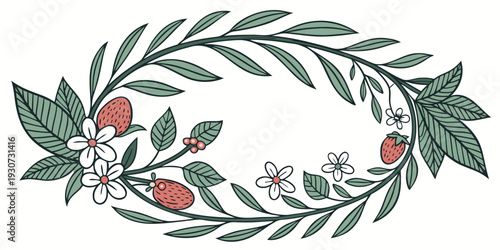 A beautifully illustrated wreath of leaves and berries in a classic design.