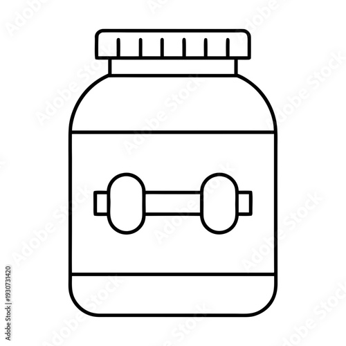 A sealed plastic jar of protein powder or supplements for fitness, featuring a dumbbell logo on the label, ready for use.