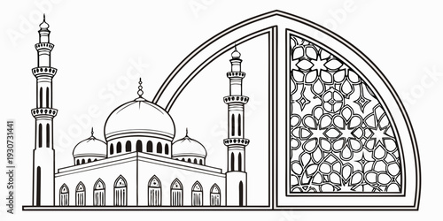Intricate geometric patterns and traditional mosque architecture in a detailed illustration