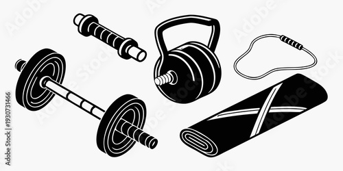 A variety of exercise equipment including dumbbells, a kettlebell, a jump rope, and a yoga mat.