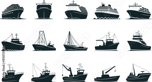 Cargo and fishing ship silhouette set, container vessel, cruise liner and industrial boats maritime transport vector illustration