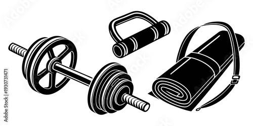 A set of exercise equipment including a barbell, weight plates, and a resistance band.