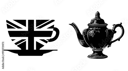 Silhouetted illustration of a teacup with a flag design and a decorative teapot